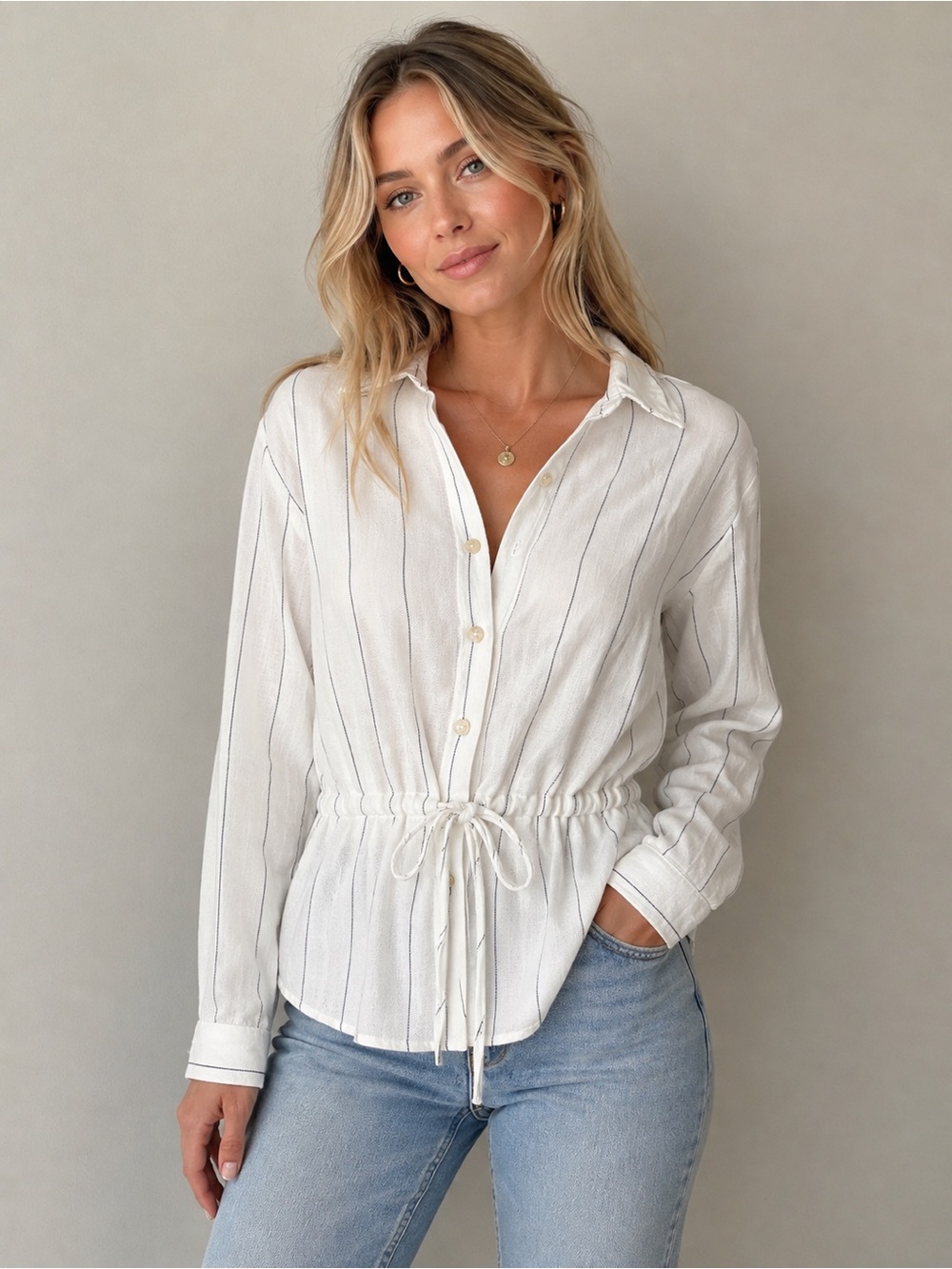 Women's White Stripe Drawstring Button-Down Shirt